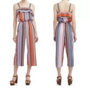 No Boundaries Juniors' Ruffle Flounce Striped Stretch Jumpsuit Romper Size L